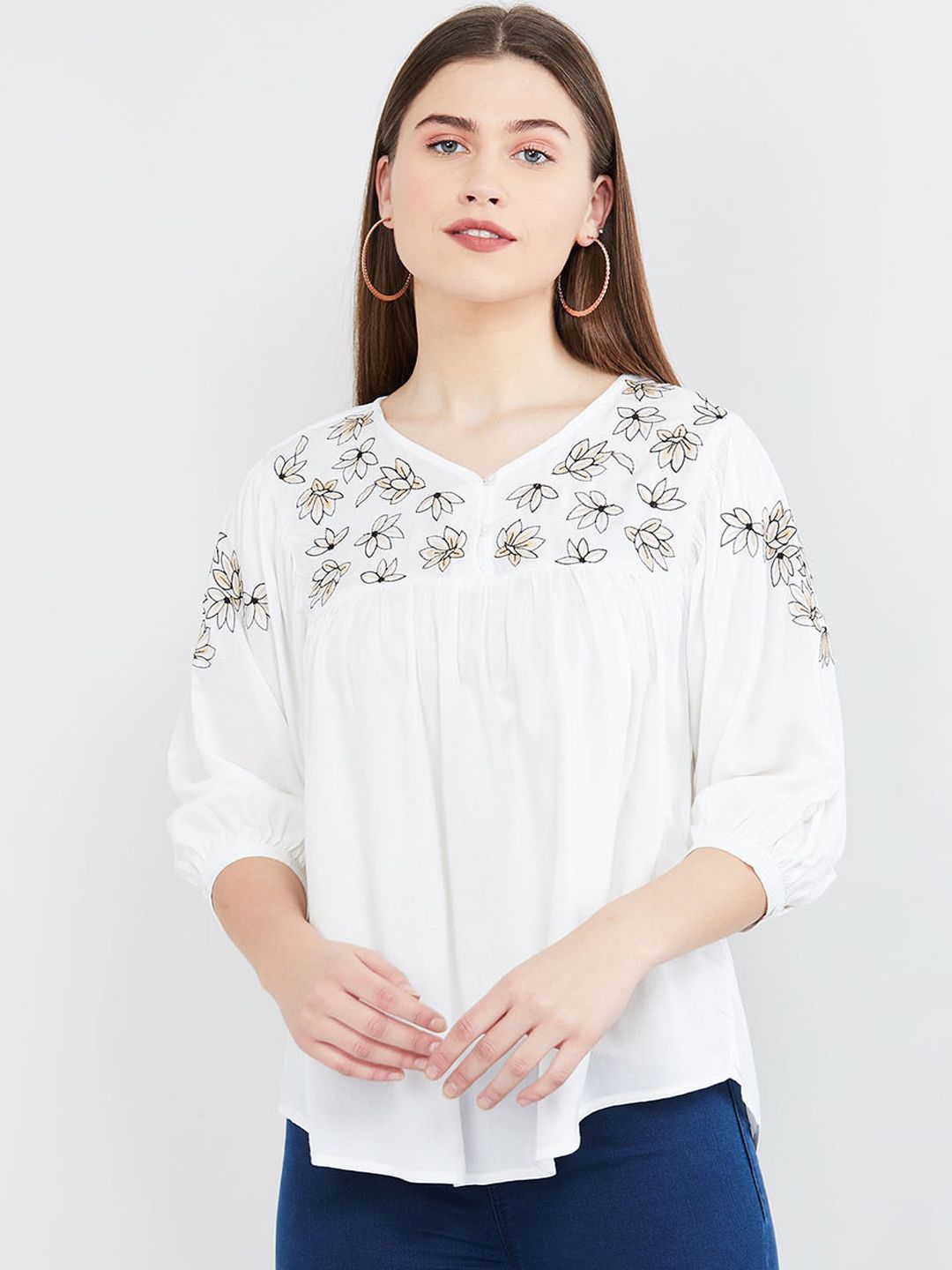 max Women Off-White Printed A-Line Top