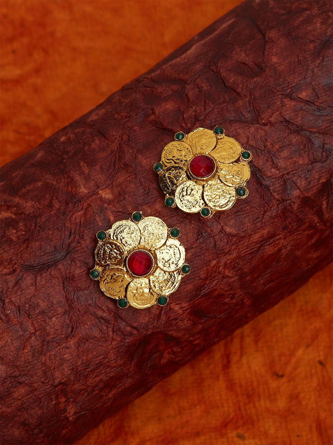 Fida Gold-Plated & Maroon Floral Shaped Studs Price in India
