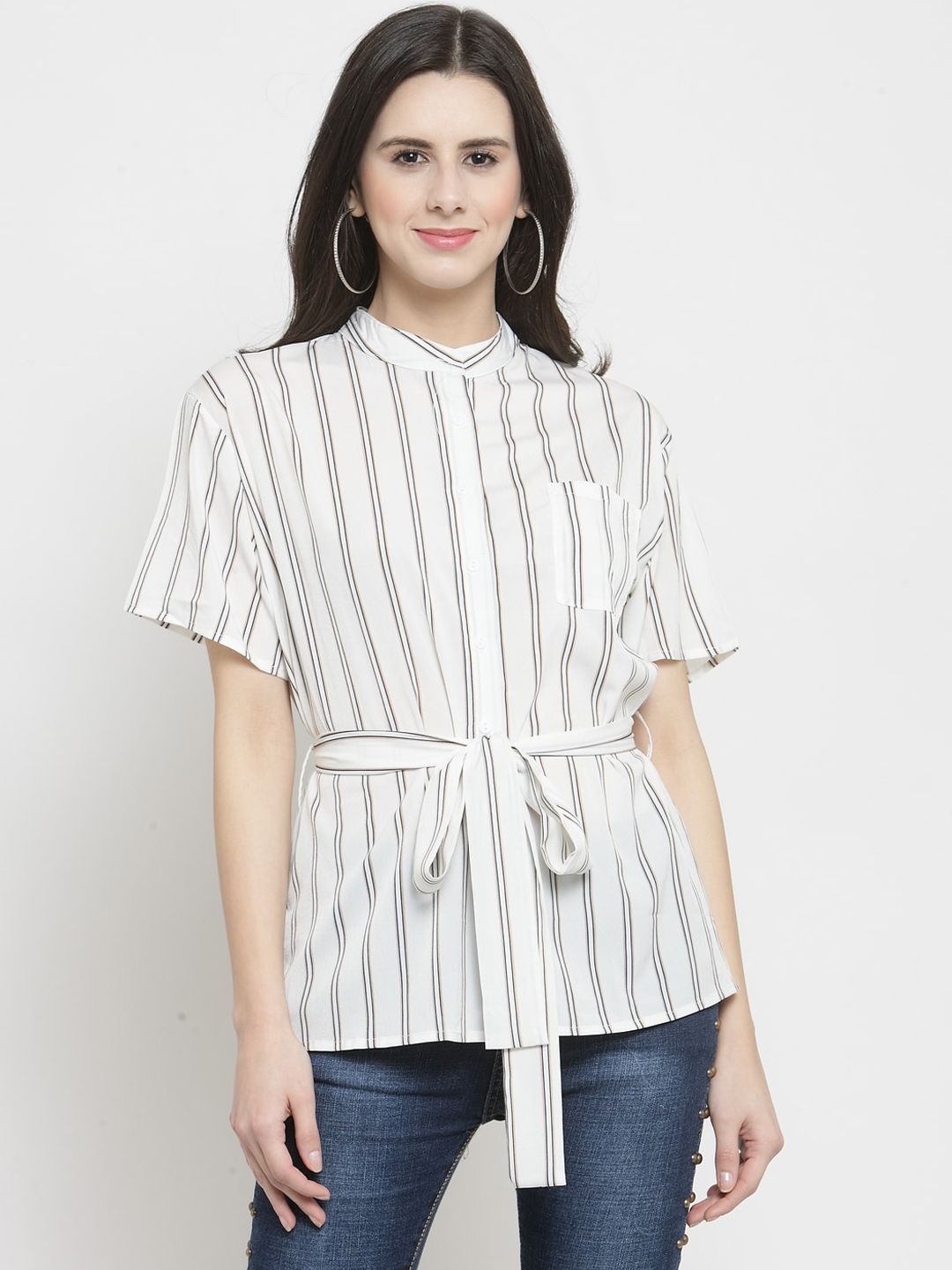 Global Republic Women White & Black Regular Fit Striped Casual Shirt