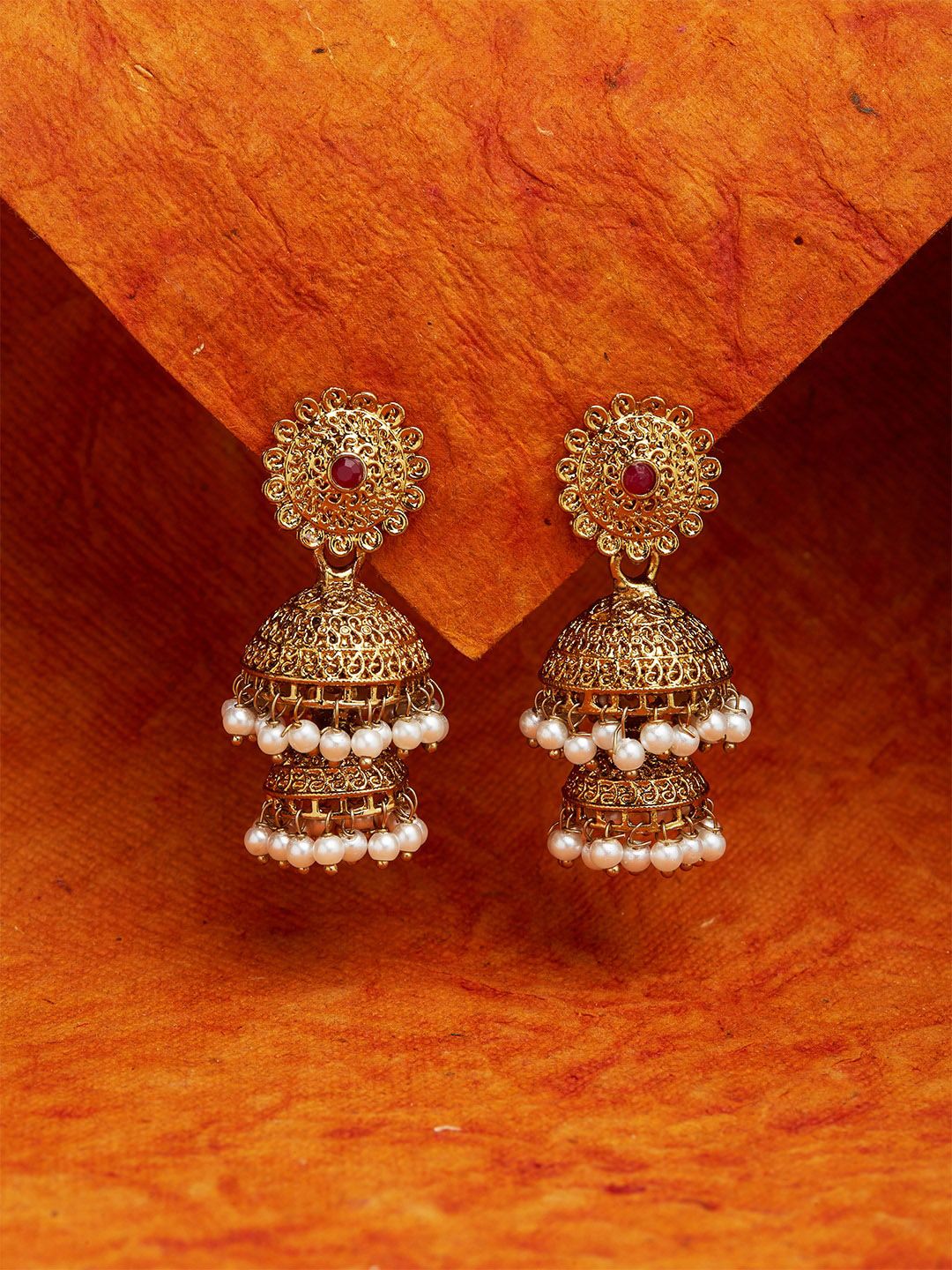 Fida Gold-Plated & Red Dome Shaped Jhumkas Price in India