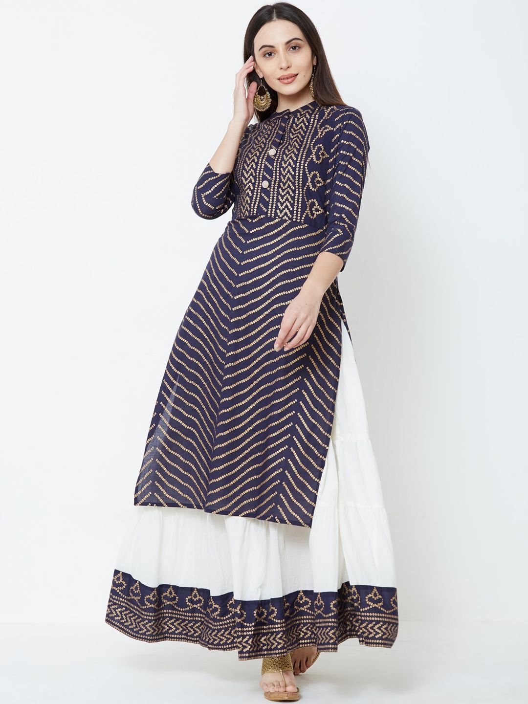 FASHOR Women Navy Blue & White Bandhani Print Kurta with Skirt