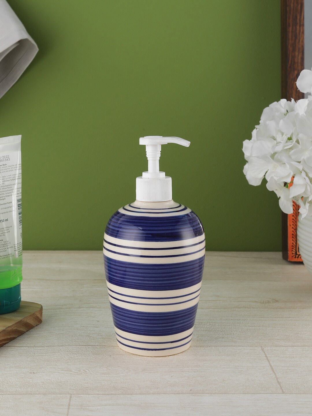VarEesha Blue & Off-White Striped Ceramic Soap Dispenser Price in India