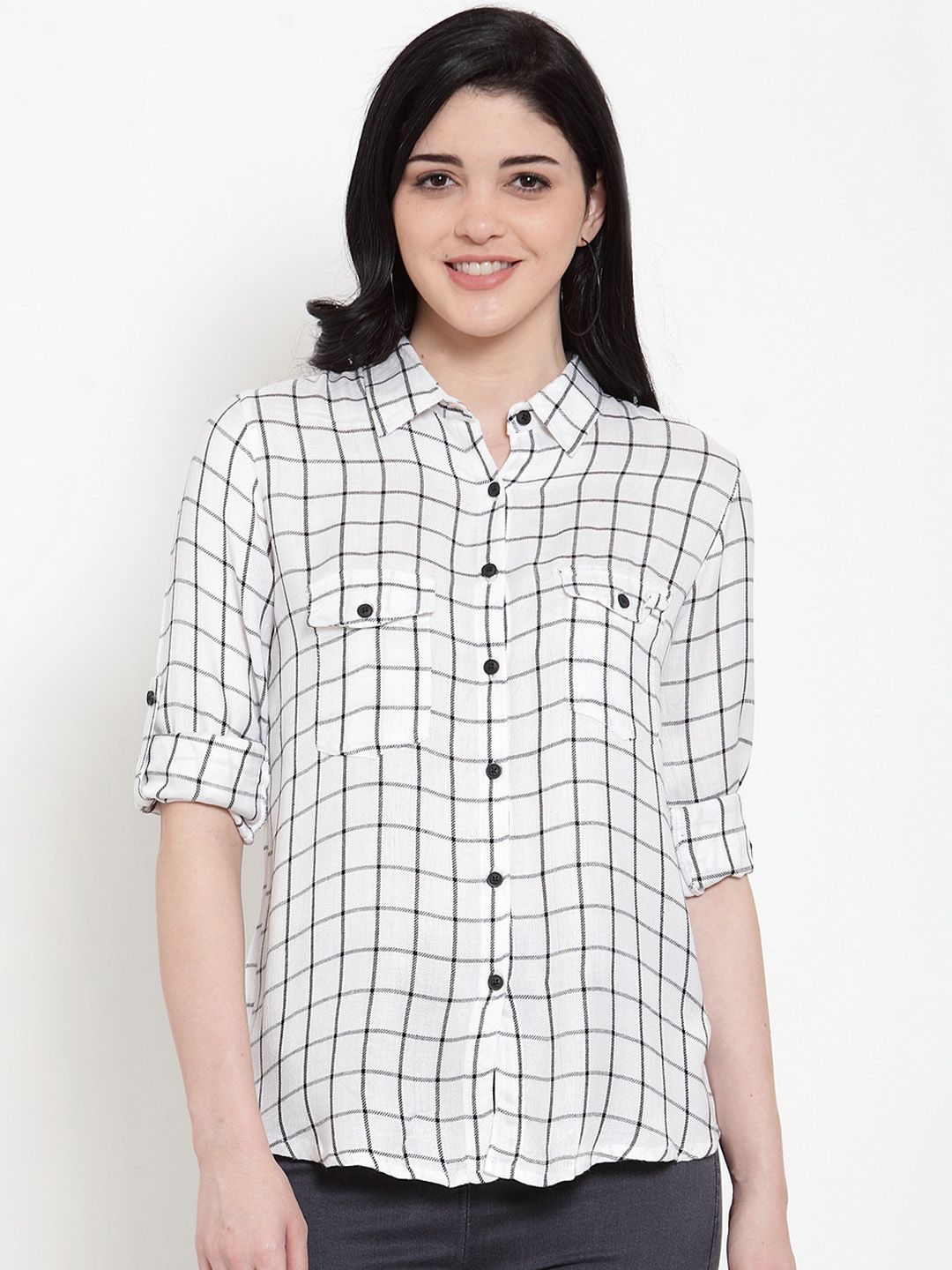 Global Republic Women White & Black Regular Fit Checked Casual Shirt