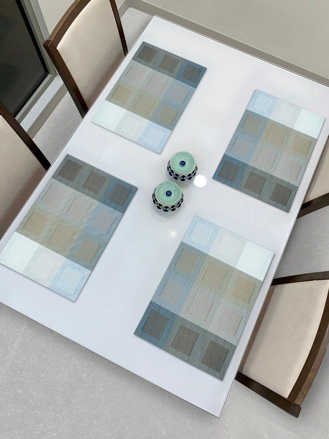 HOKIPO Set Of 4 Blue & Grey Geometric Reversible Table Placemats Price in India
