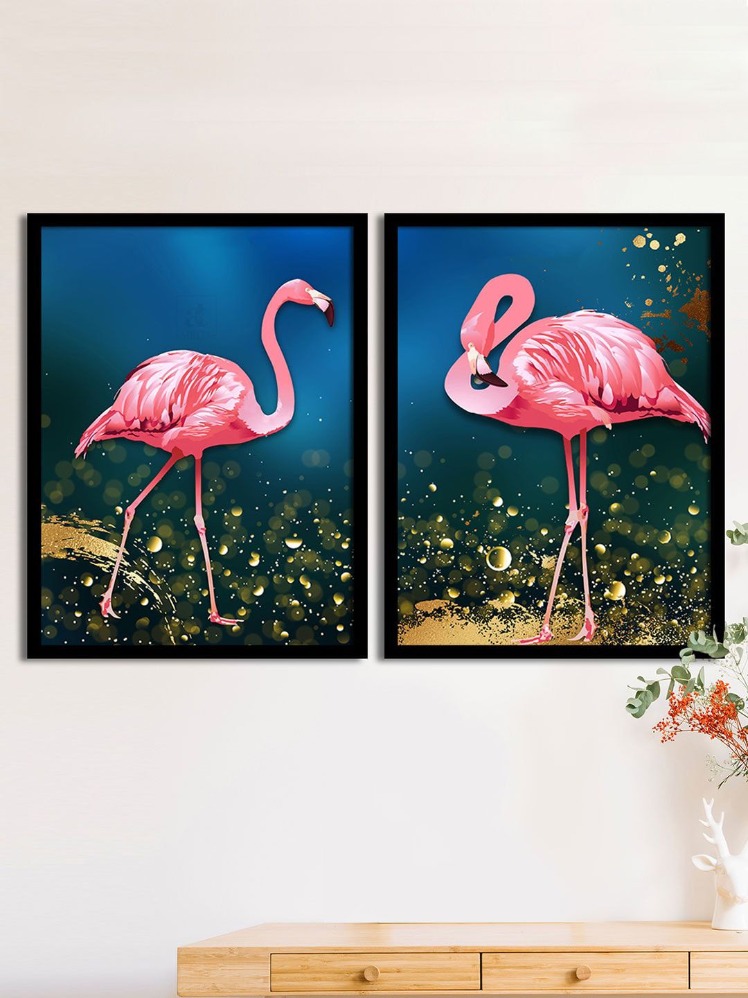 Art Street Set Of 2 Pink & Blue Flamingo Matte Printed Wall Arts Price in India