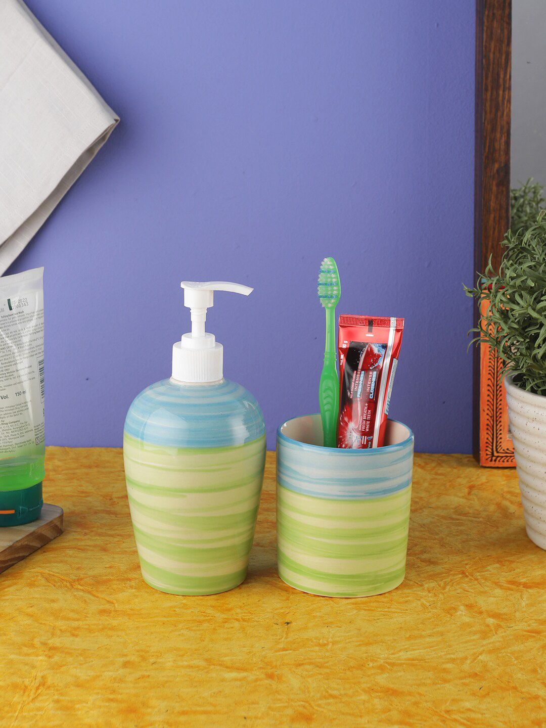 VarEesha Green & Blue Printed Ananda Ceramic Soap Dispenser & Tumbler Set Price in India