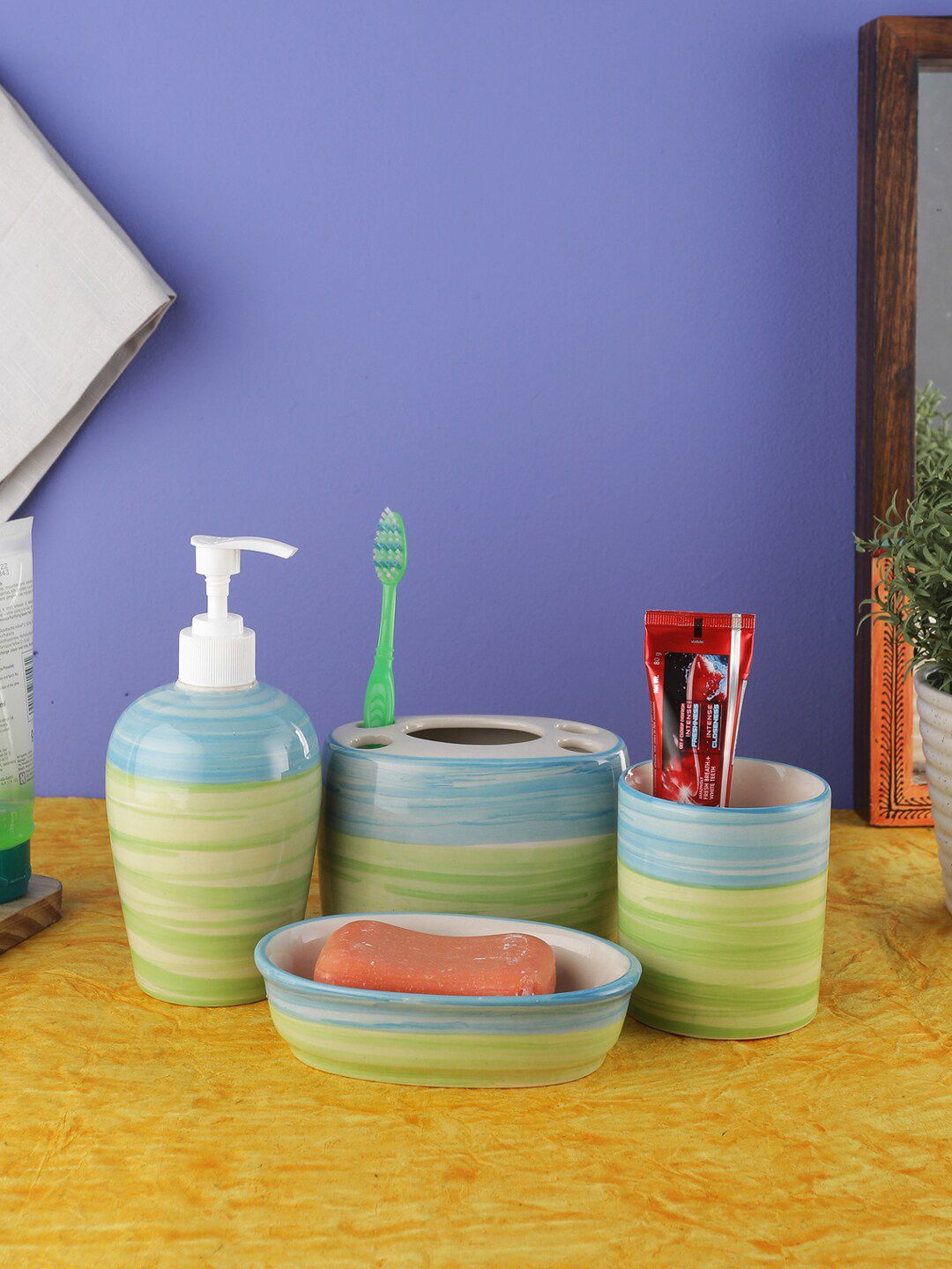 VarEesha Green & Blue Printed Ananda Ceramic Four Piece Bathroom Accessories Set Price in India