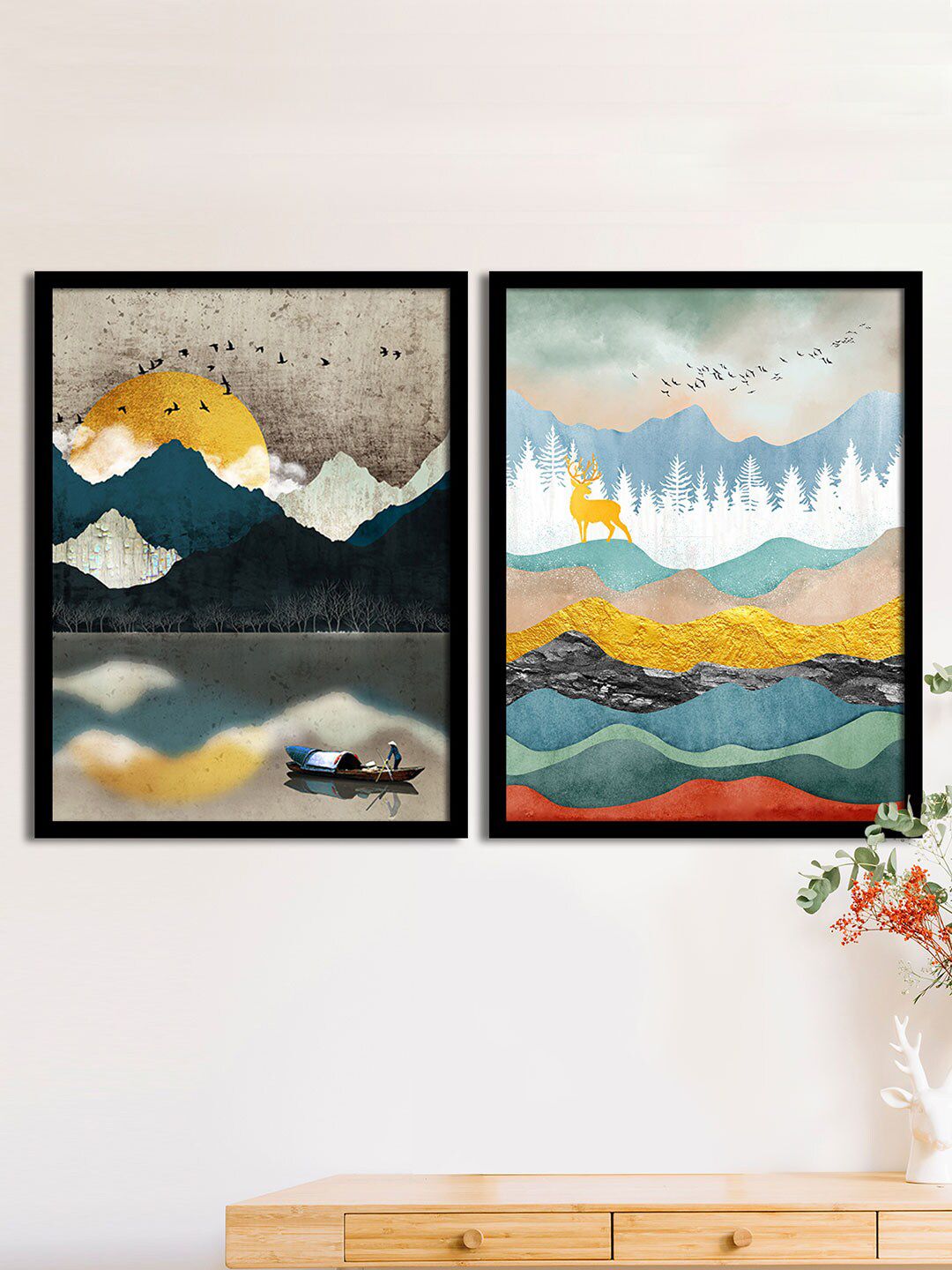 Art Street Set Of 2 Multicoloured Mountain Matte Printed Wall Arts Price in India