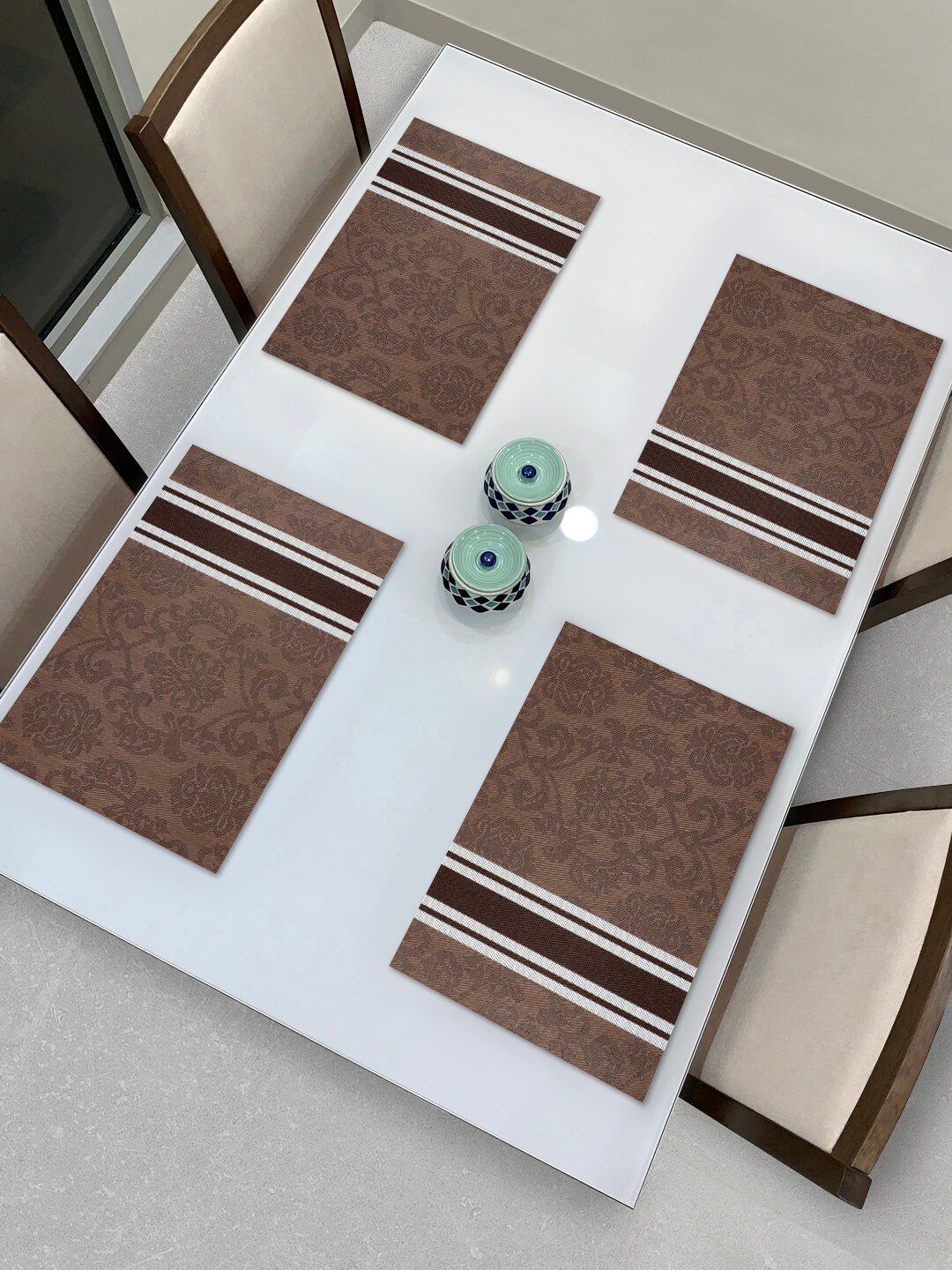 HOKIPO Set Of 4 Brown & White Ethnic Motifs Washable Table Placemats Price in India