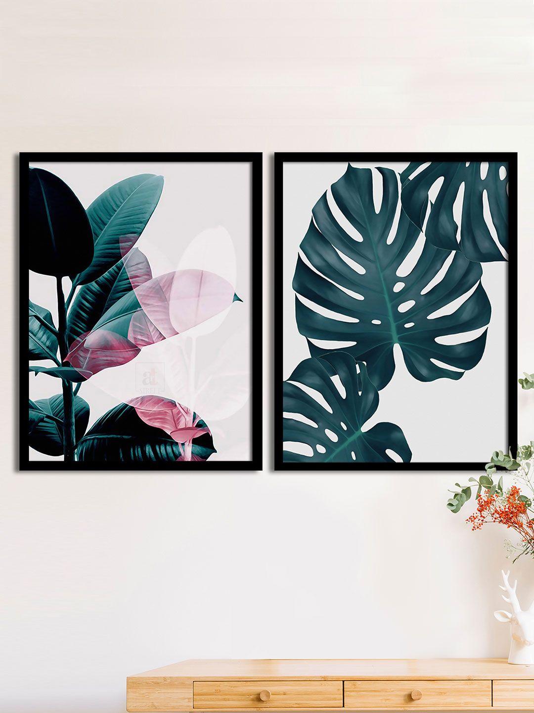 Art Street Set Of 2 White & Teal Green Plants Leafs Matte Printed Wall Arts Price in India