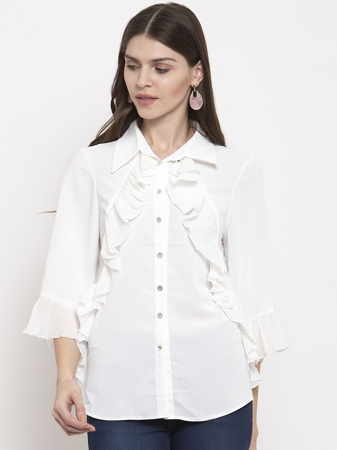 Global Republic Women White Solid Ruffled Casual Shirt