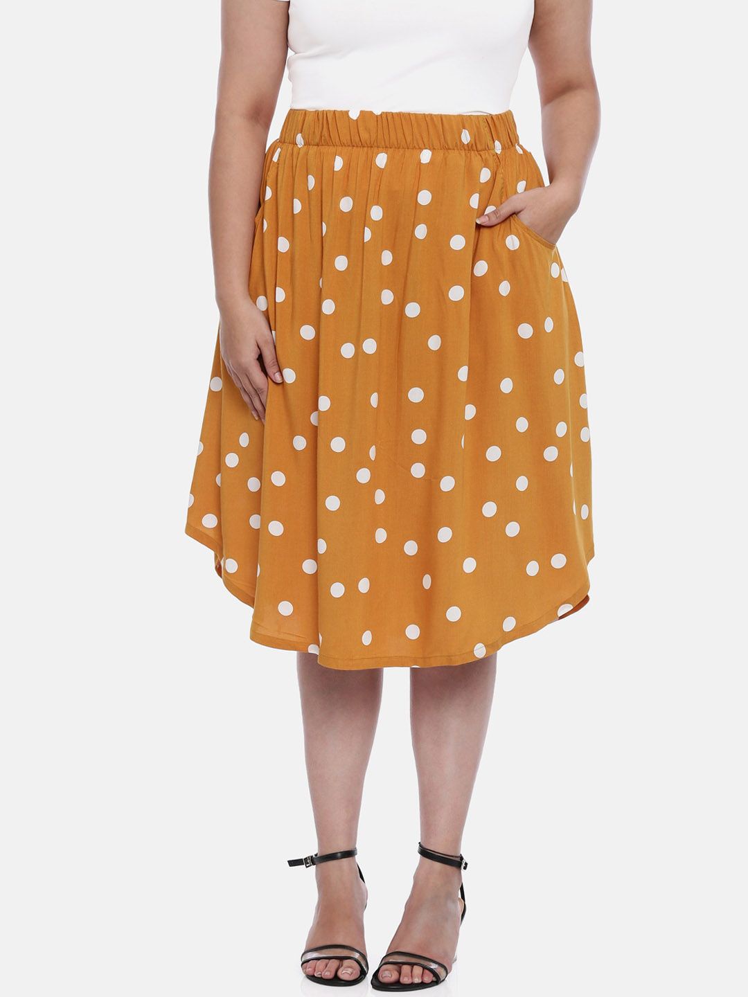 The Pink Moon Women Mustard Yellow & White Polka Dot Printed A-Line Midi Skirt