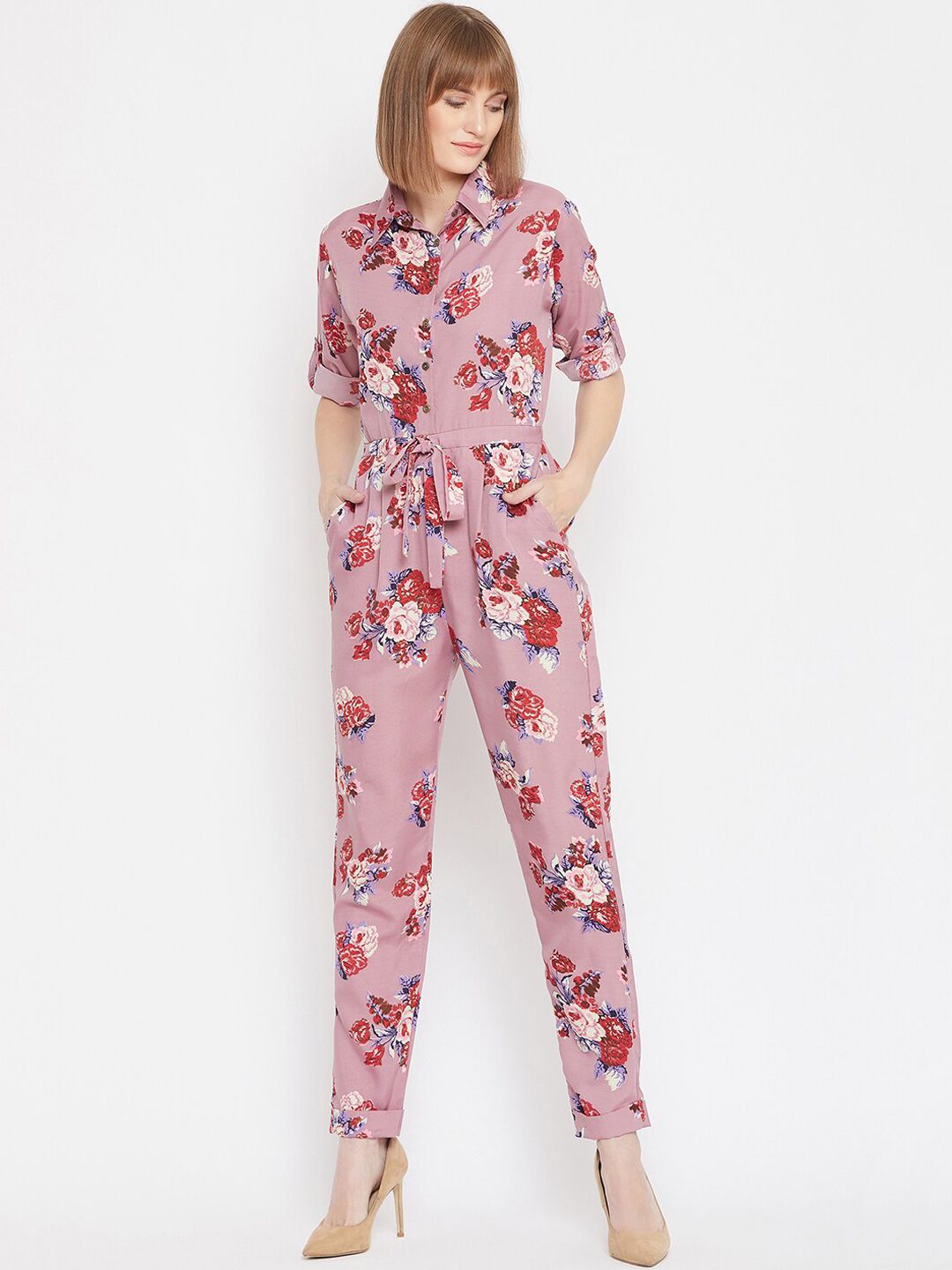 Uptownie Lite Women Pink & Red Floral Print Basic Jumpsuit Price in India