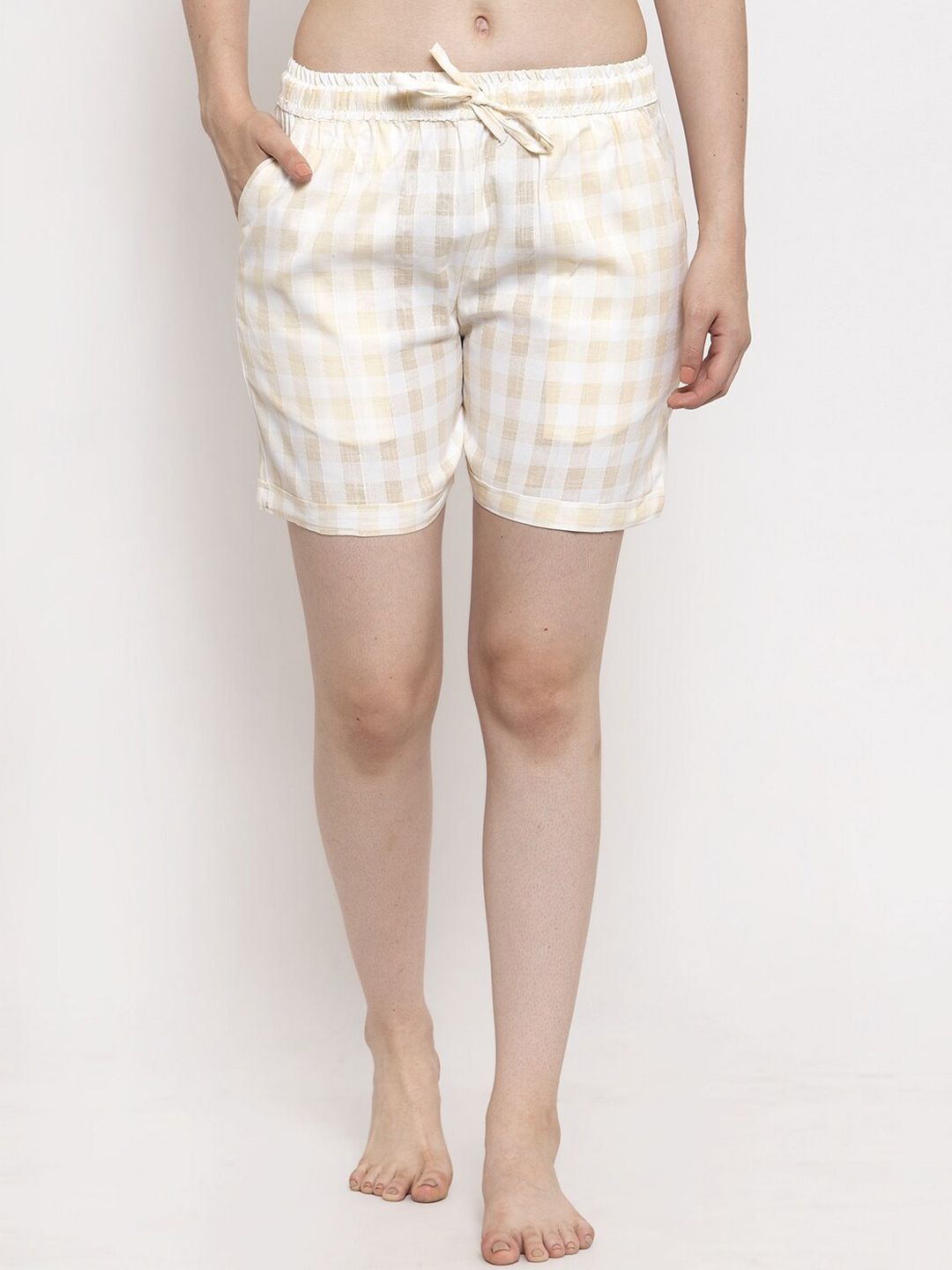 Secret Wish Women White & Beige Checked Lounge Shorts Price in India