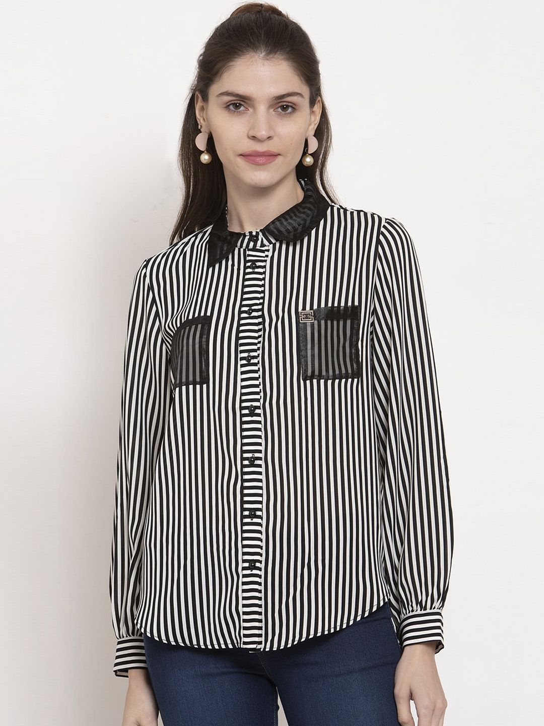 Global Republic Women Black & White Striped Casual Shirt