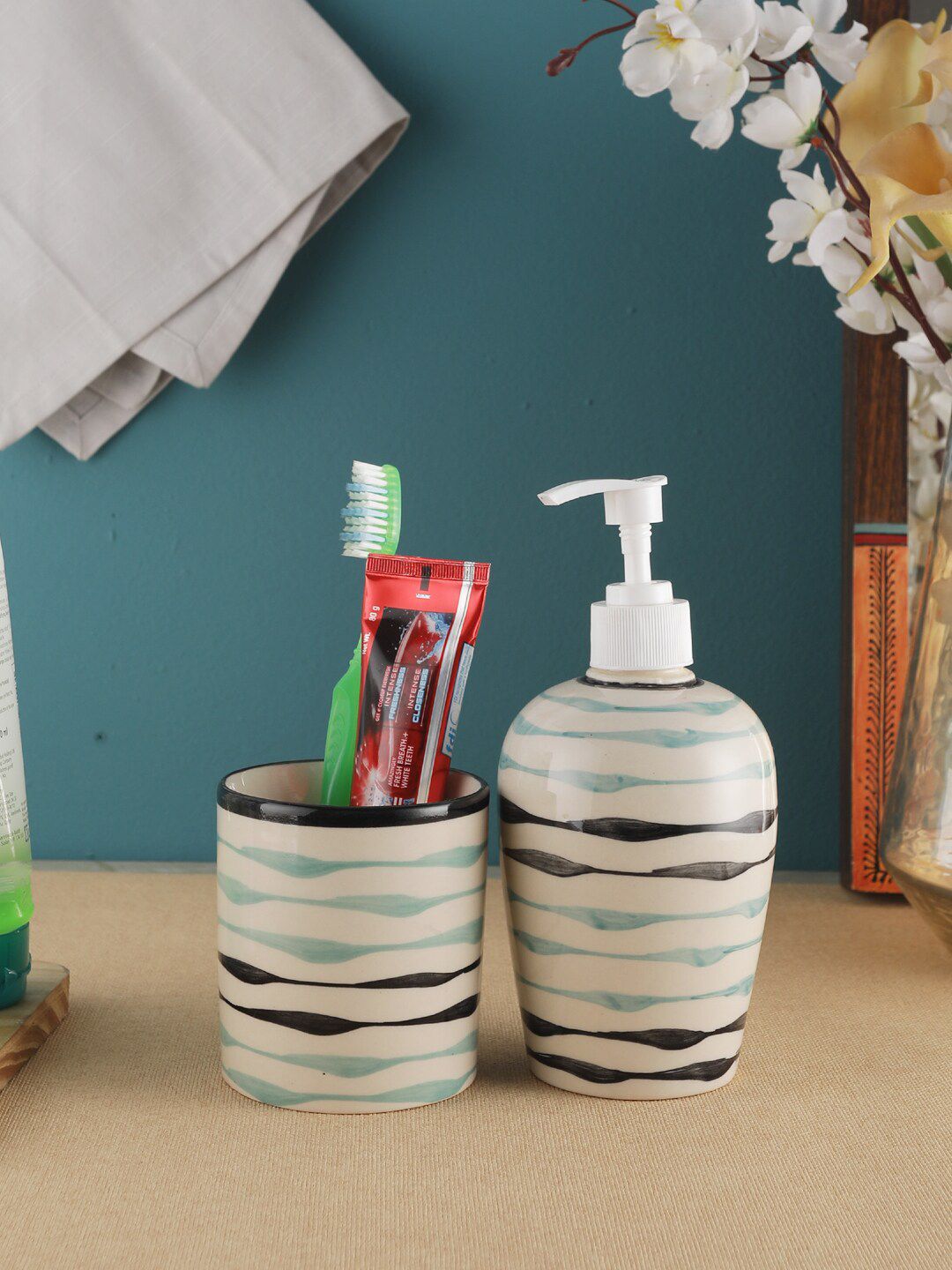 VarEesha Off-White & Sea-Green Striped Mugdha Ceramic Two Piece Bathroom Accessories Set Price in India