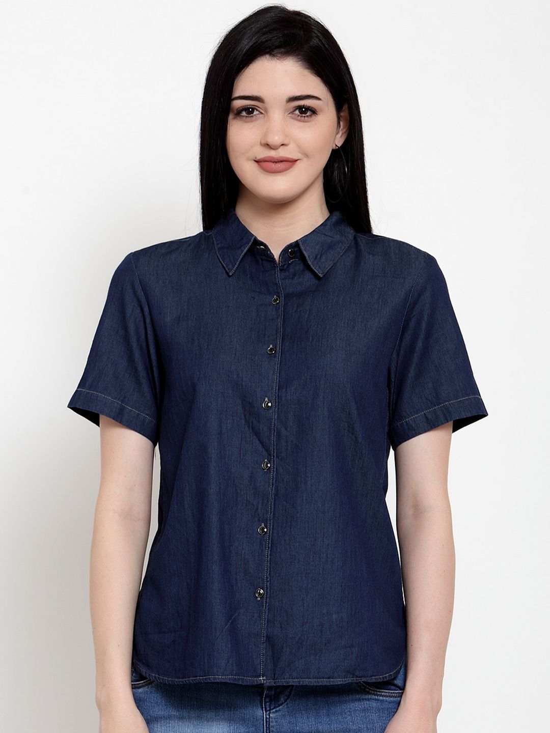 Global Republic Women Navy Blue Regular Fit Solid Casual Shirt