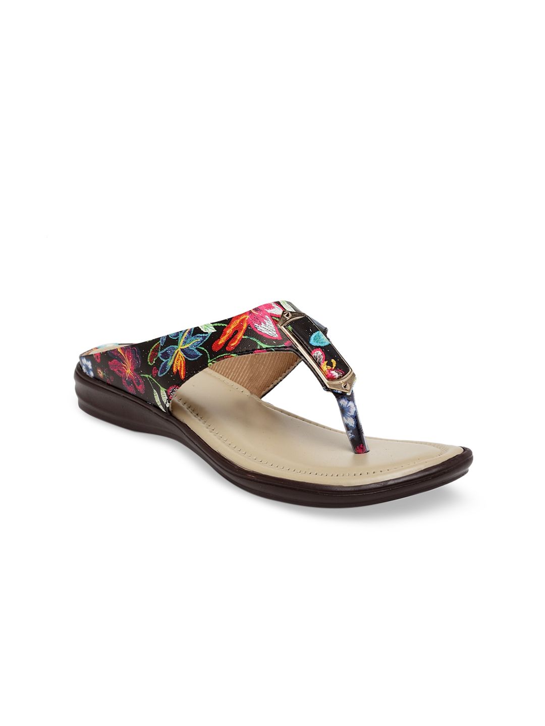 Butterflies Women Black & Pink Floral Printed PU T-Strap Flats