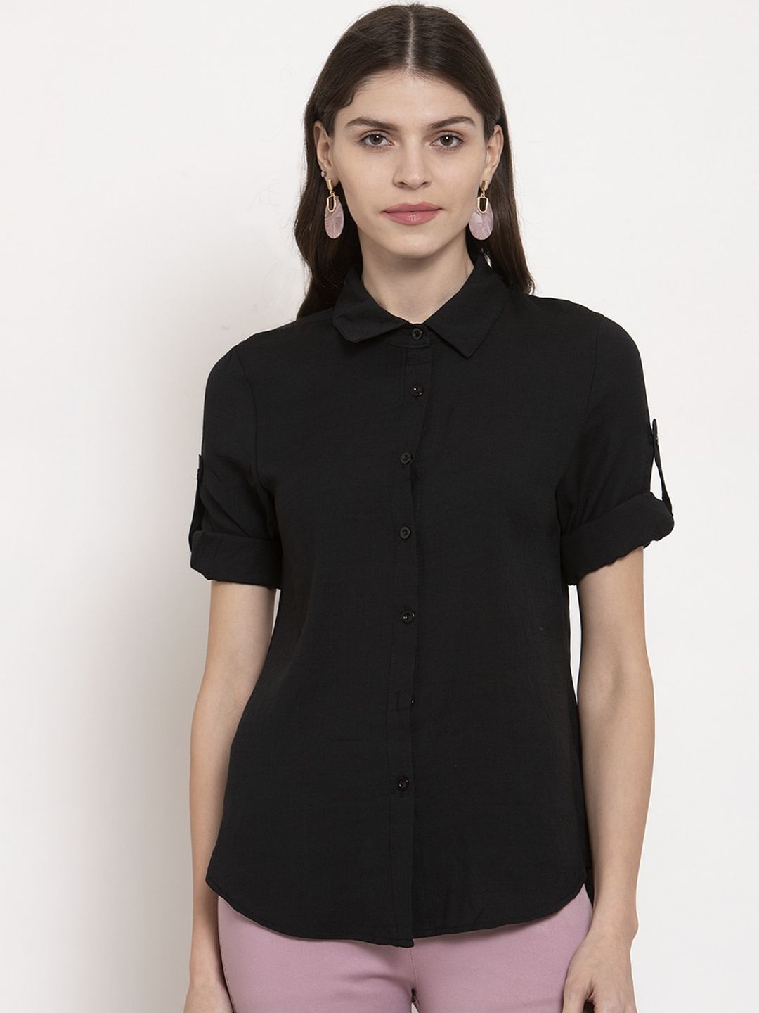 Global Republic Women Black Regular Fit Solid Casual Shirt