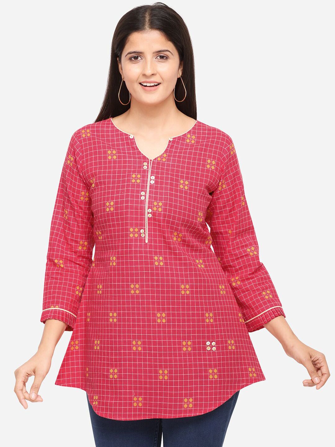 Kvsfab Women Pink & Yellow Checked Tunic Price in India