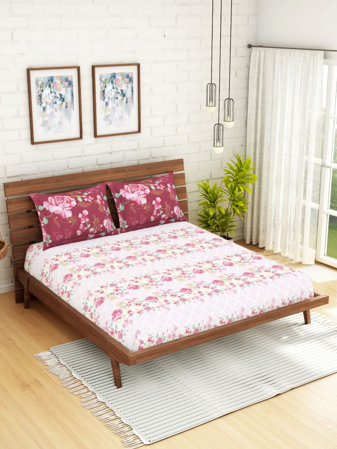 SPACES Pink & White Floral 144 TC Cotton 1 King Bedsheet with 2 Pillow Covers Price in India
