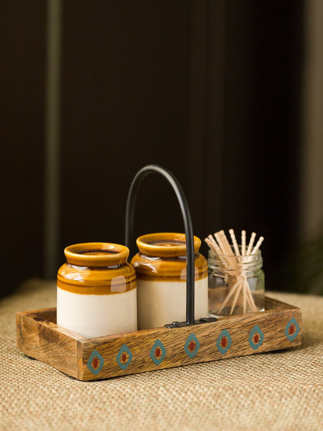 ExclusiveLane Brown Handcrafted Martaban Salt Pepper Shaker Toothpick Holder Wooden Tray Price in India