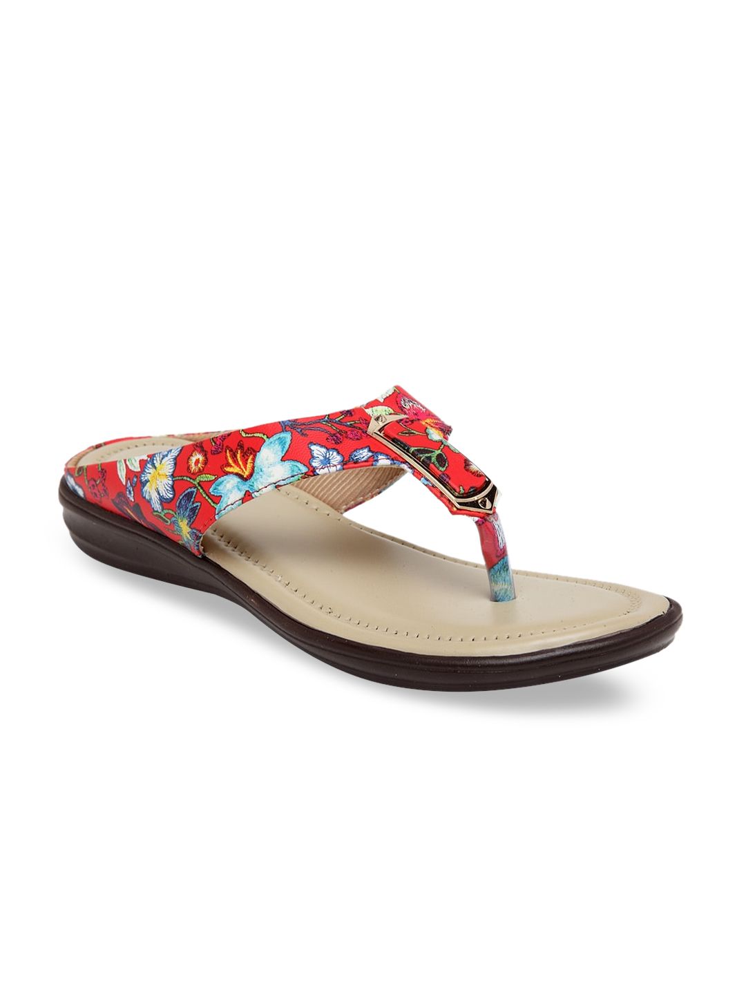 Butterflies Women Red Floral Printed PU T-Strap Flats