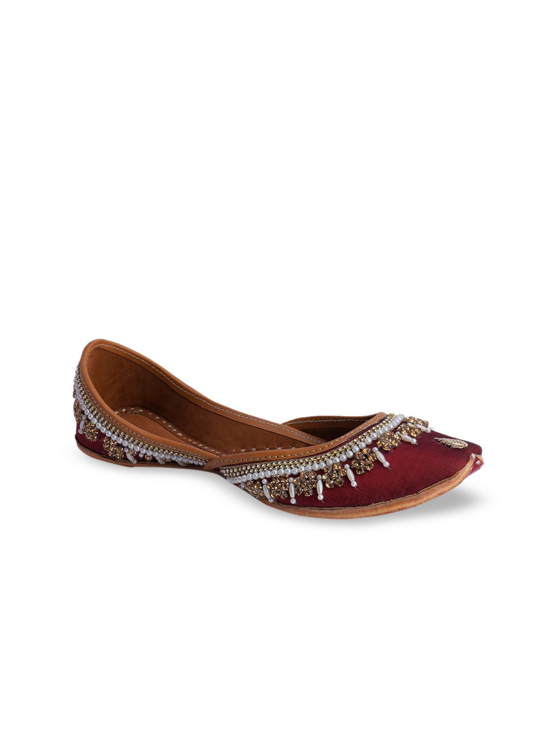 DESI COLOUR Women Maroon Embellished Leather Mojaris