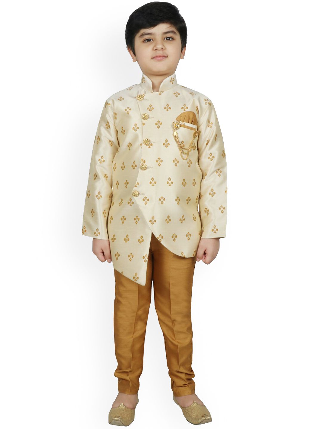 SG YUVRAJ Boys Off White & Brown Raw Silk Sherwani Set