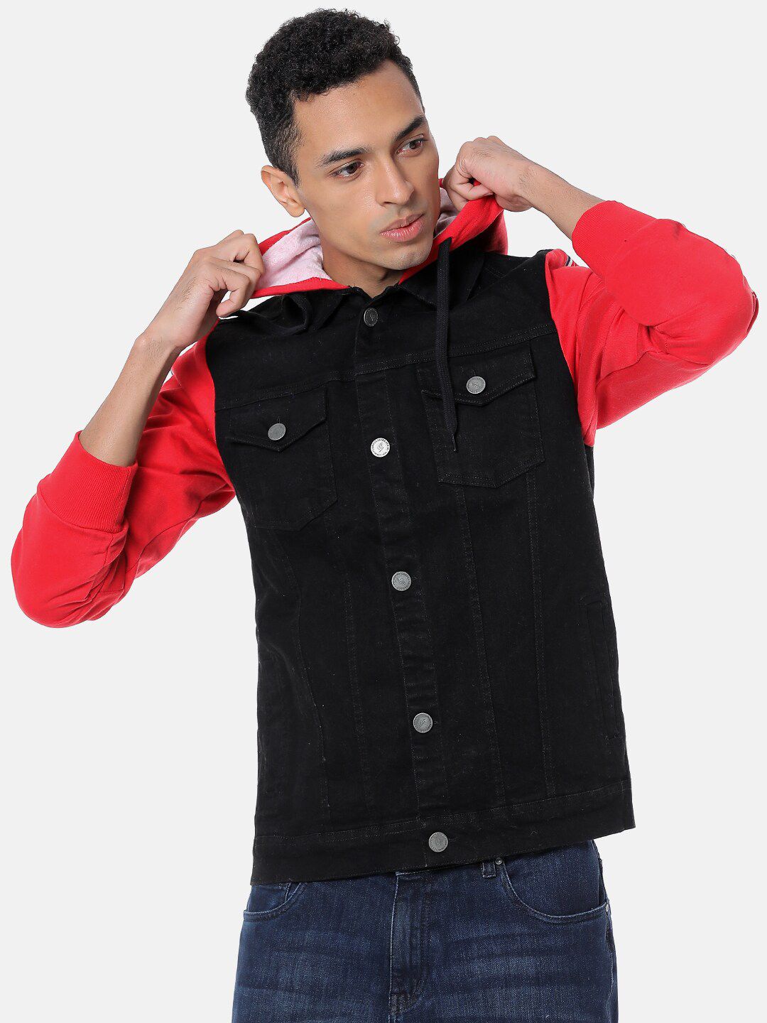 CAHOOT Men Black & Red Colourblocked Windcheater Denim Jacket