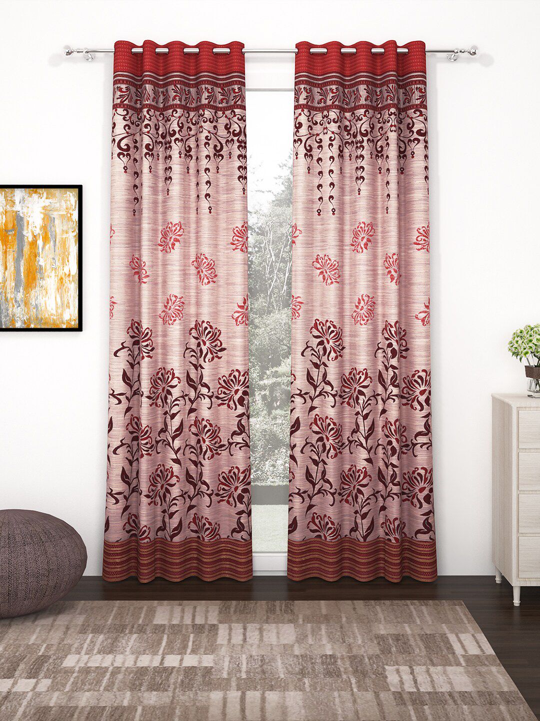 Story@home Maroon Set of 2 Premium Jacquard 350GSM Room Darkening Eyelet Door Curtains Price in India