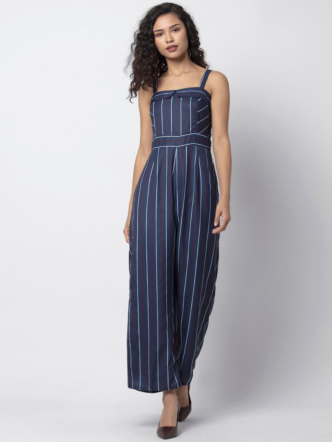 FabAlley Women Navy Blue & Maroon Striped Basic Jumpsuit Price in India