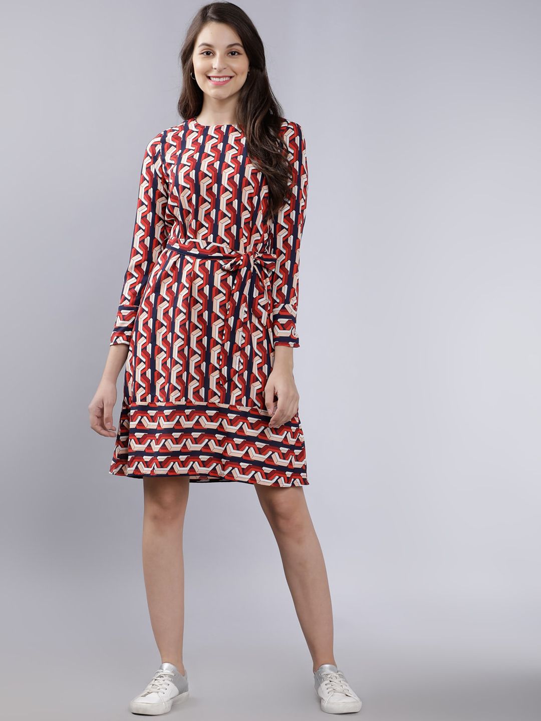 Tokyo Talkies Women Navy Blue & Red Geometric Print Fit and Flare Dress