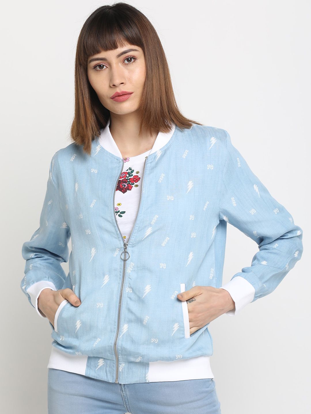 Pepe Jeans Women Blue Printed Bomber Price in India