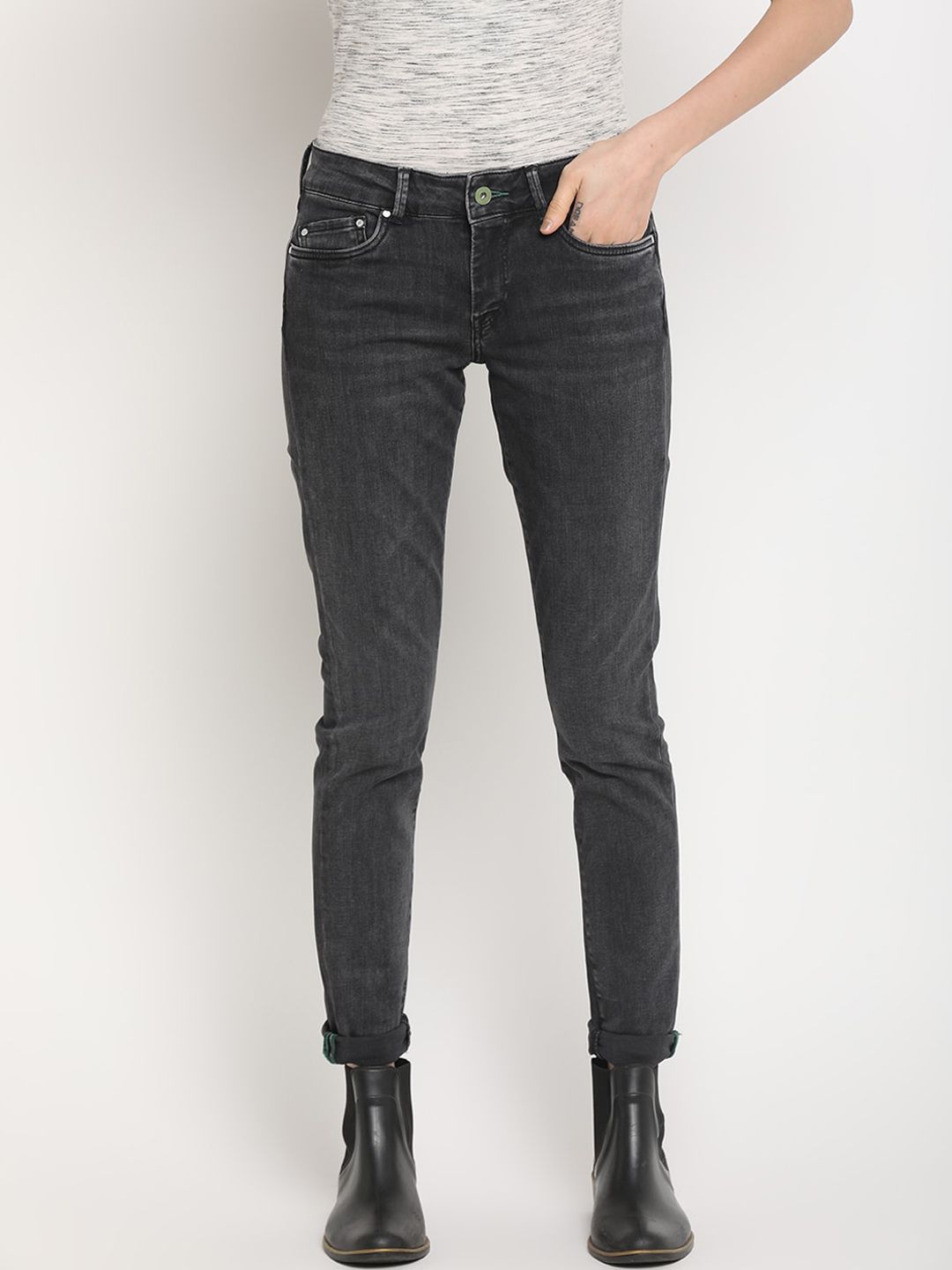 Pepe Jeans Women Charcoal Grey Skinny Fit Mid-Rise Clean Look Jeans Price in India