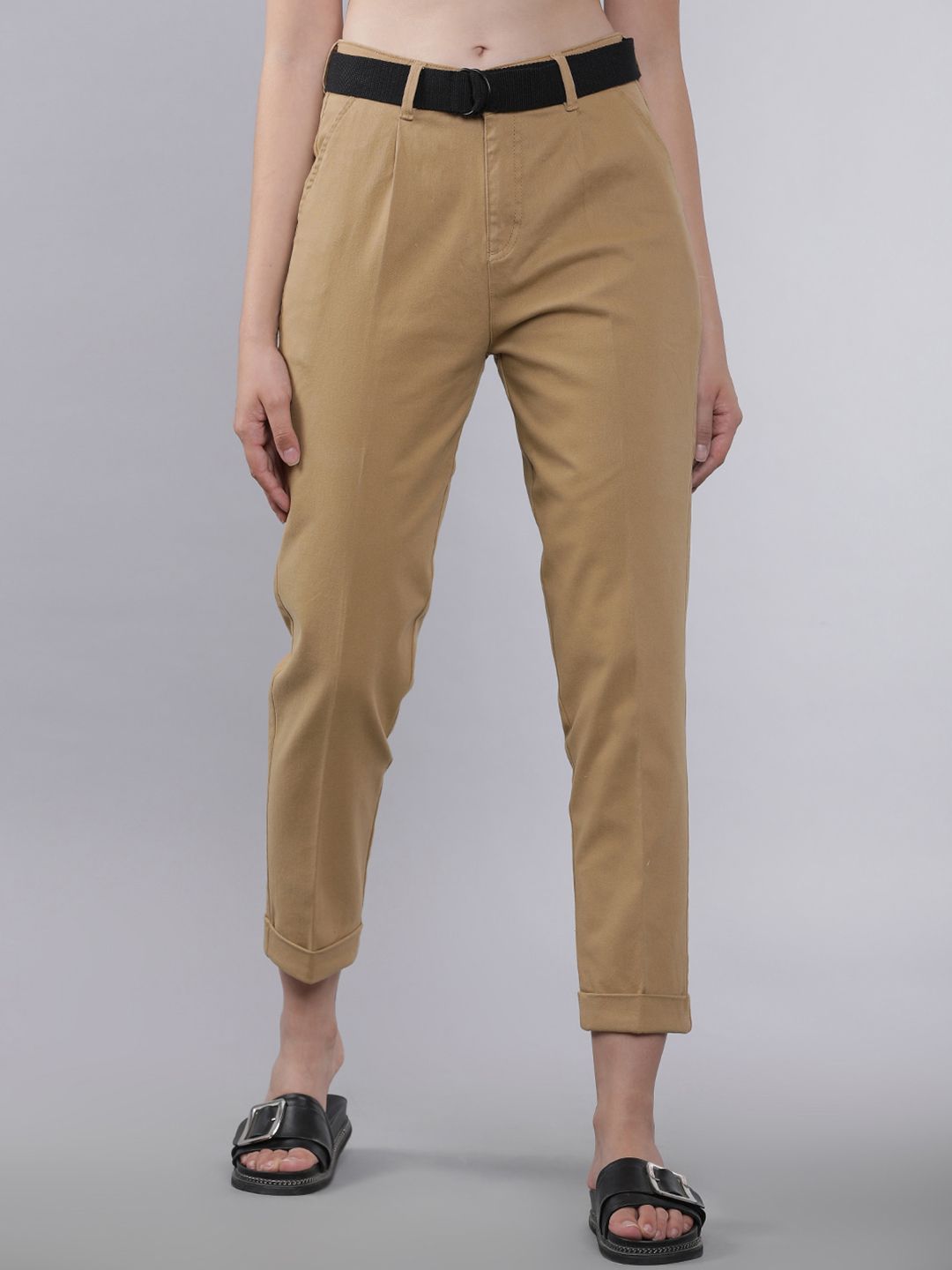 Tokyo Talkies Women Beige Regular Fit Solid Peg Trousers