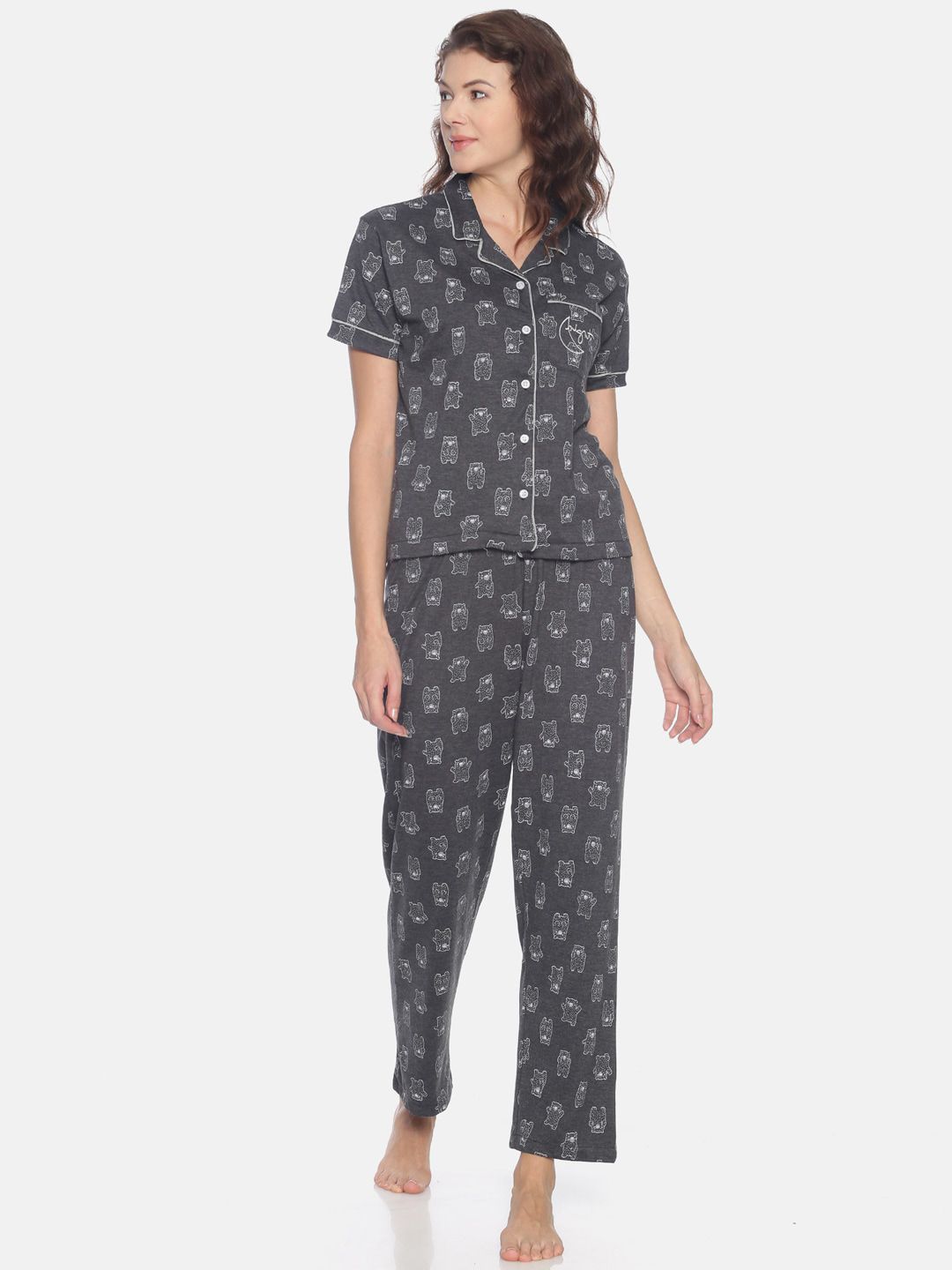 Campus Sutra Women Charcoal Grey Printed Night suit Price in India