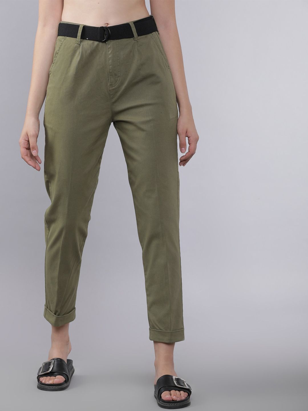 Tokyo Talkies Women Olive Green Tapered Fit Solid Regular Trousers Price in India