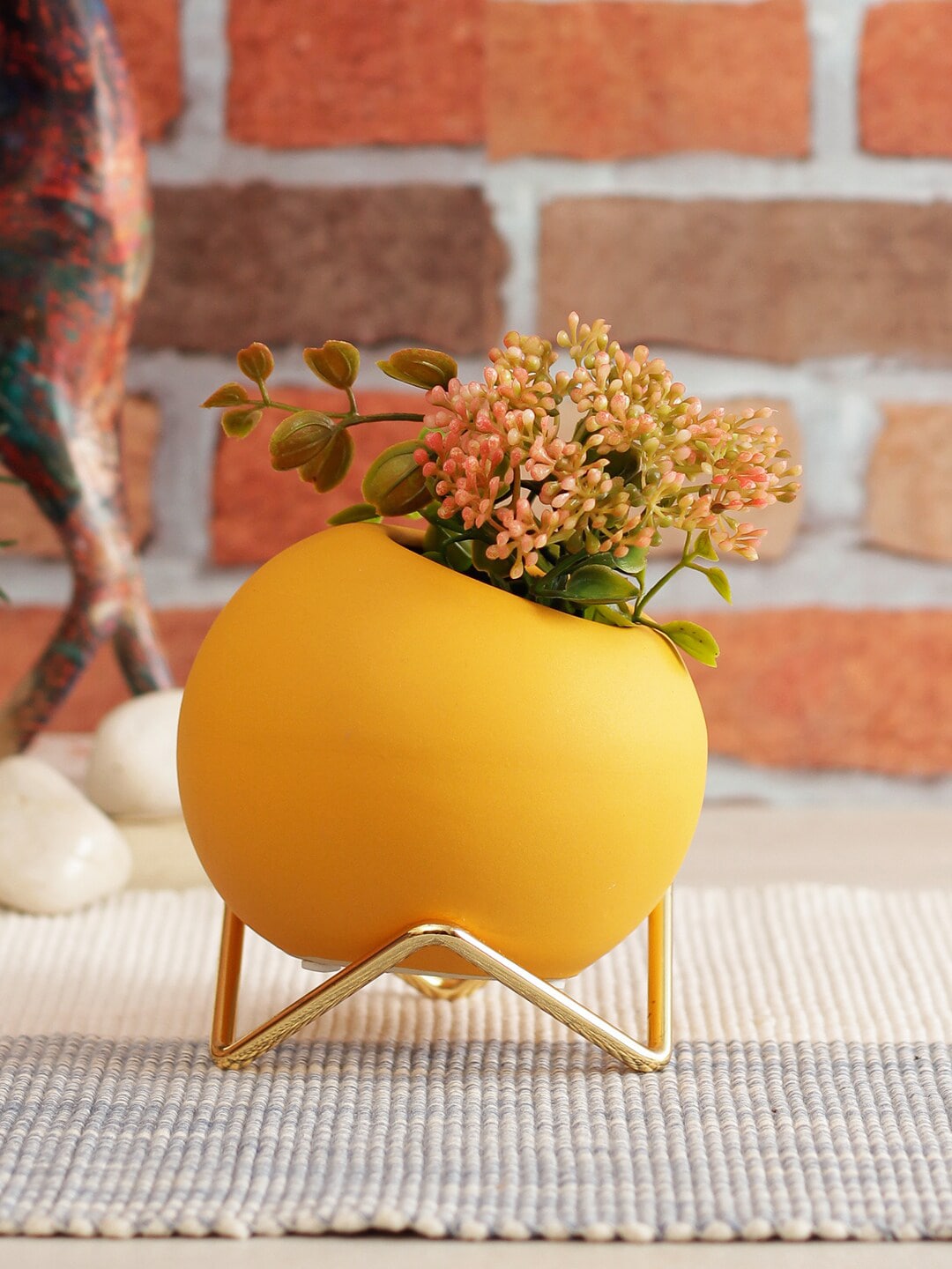 TAYHAA Yellow Solid Ceramic Flower Vase With Gold-Toned Stand Price in India