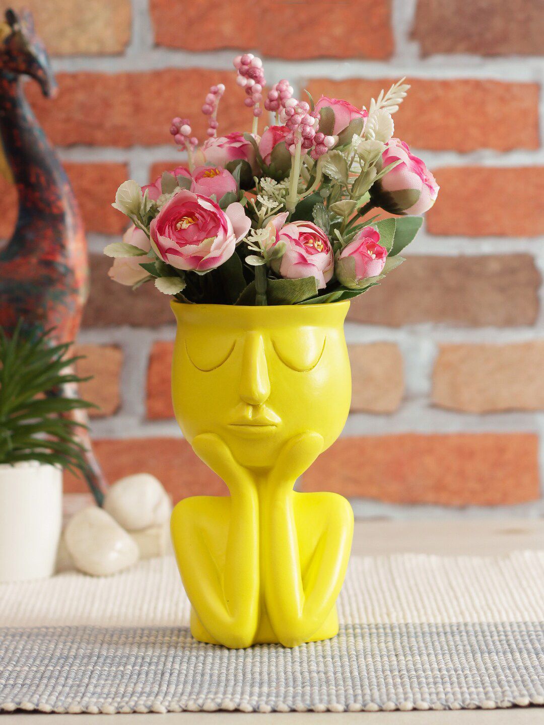 TAYHAA Yellow Solid Human Figurine Ceramic Flower Vase Price in India