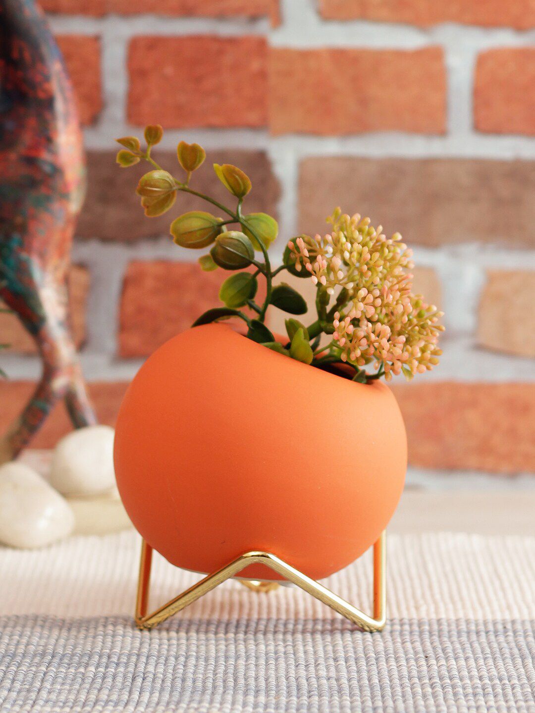 TAYHAA Orange Solid Ceramic Flower Vase With Gold-Toned Stand Price in India