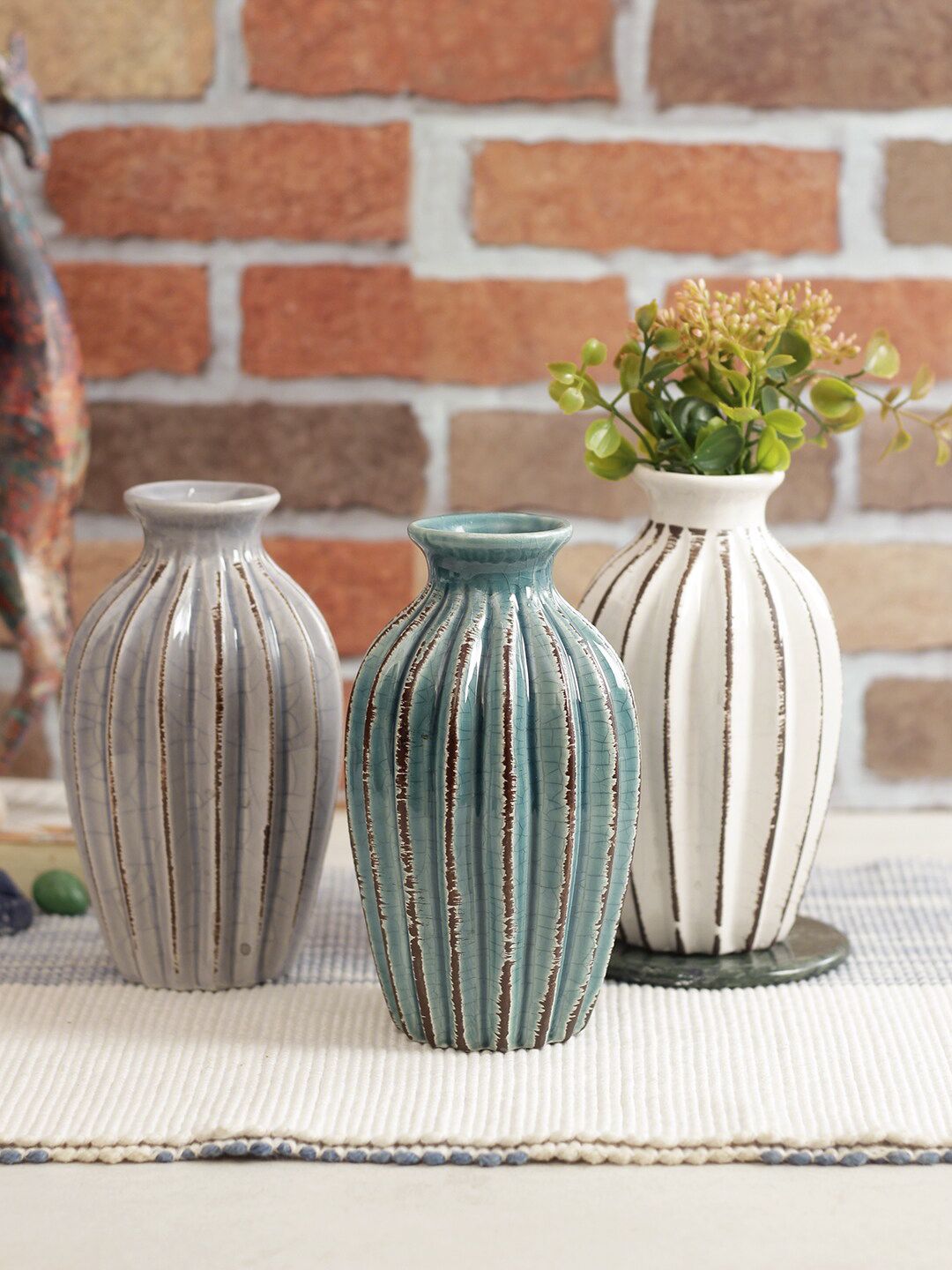 TAYHAA Set Of 3 Rustic Finish Ceramic Flower Vases Price in India