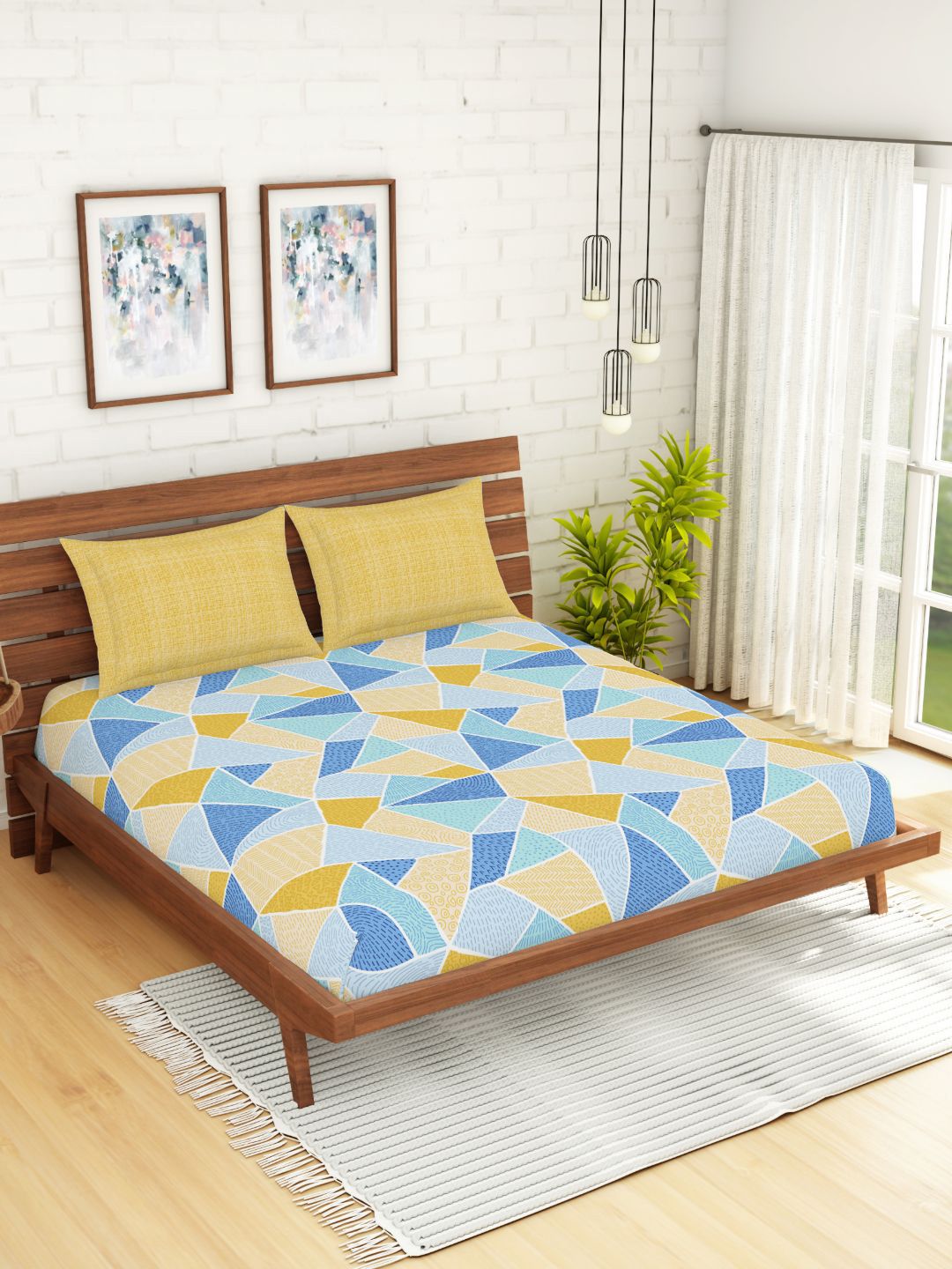 Spaces Atrium Geometric Yellow 1 Queen Size Fitted Sheets With 2 Pillow Cover Price in India