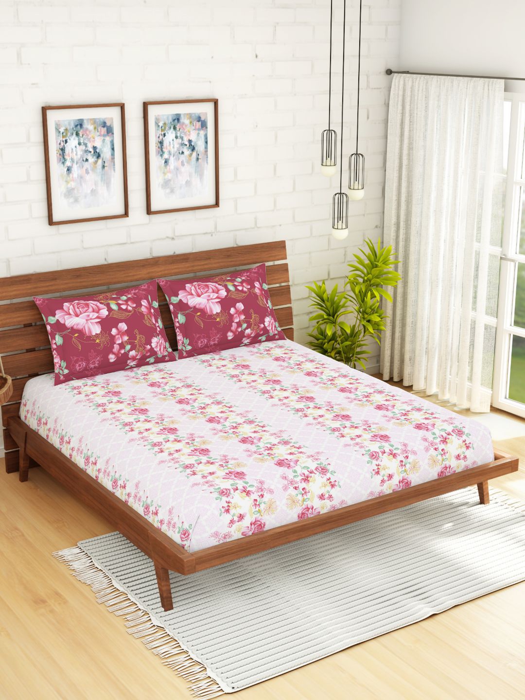 SPACES Pink & White Floral 144 TC Cotton 1 Queen Bedsheet with 2 Pillow Covers Price in India