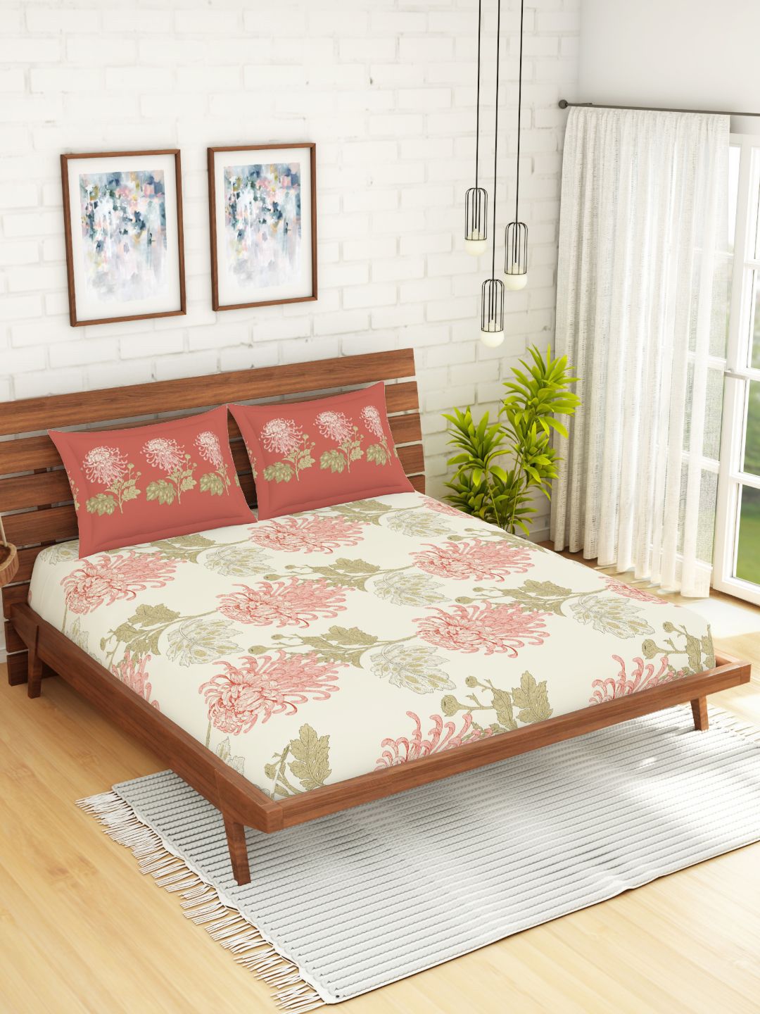 Spaces Atrium Floral Orange 1 Queen Size Fitted Sheets With 2 Pillow Cover Price in India