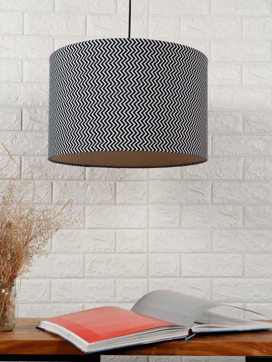Grated Ginger Beige & Black Zig Zag Printed Contemporary Hanging Light Price in India