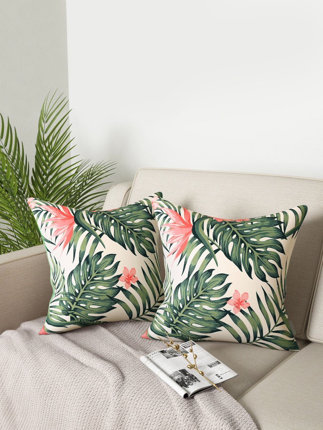PETAL HOME Off-White & Green Set Of 2 Floral Printed Cushion Covers Price in India