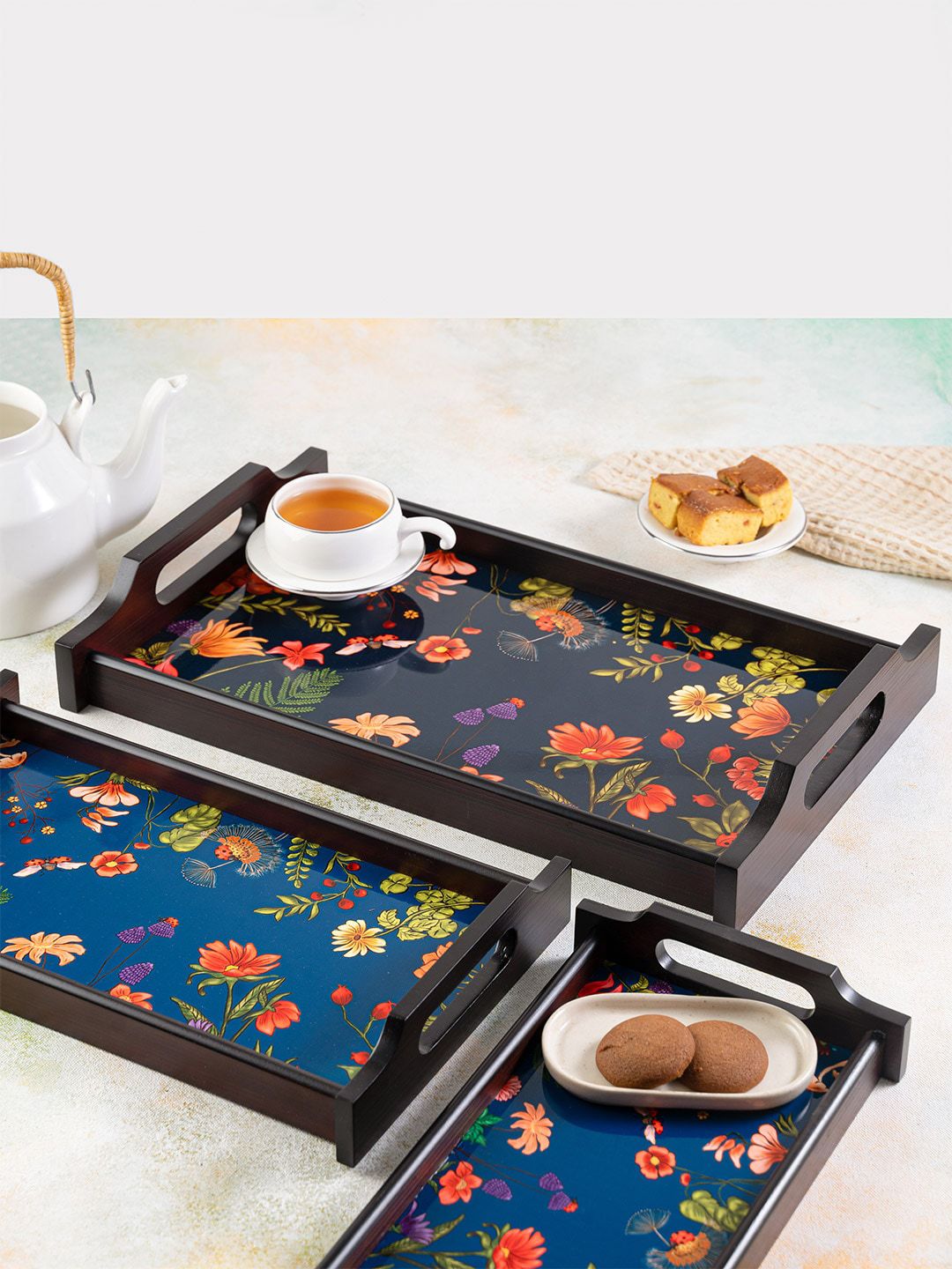 KOLOROBIA Blue & Orange Floral Bliss Small Wooden Tray Price in India