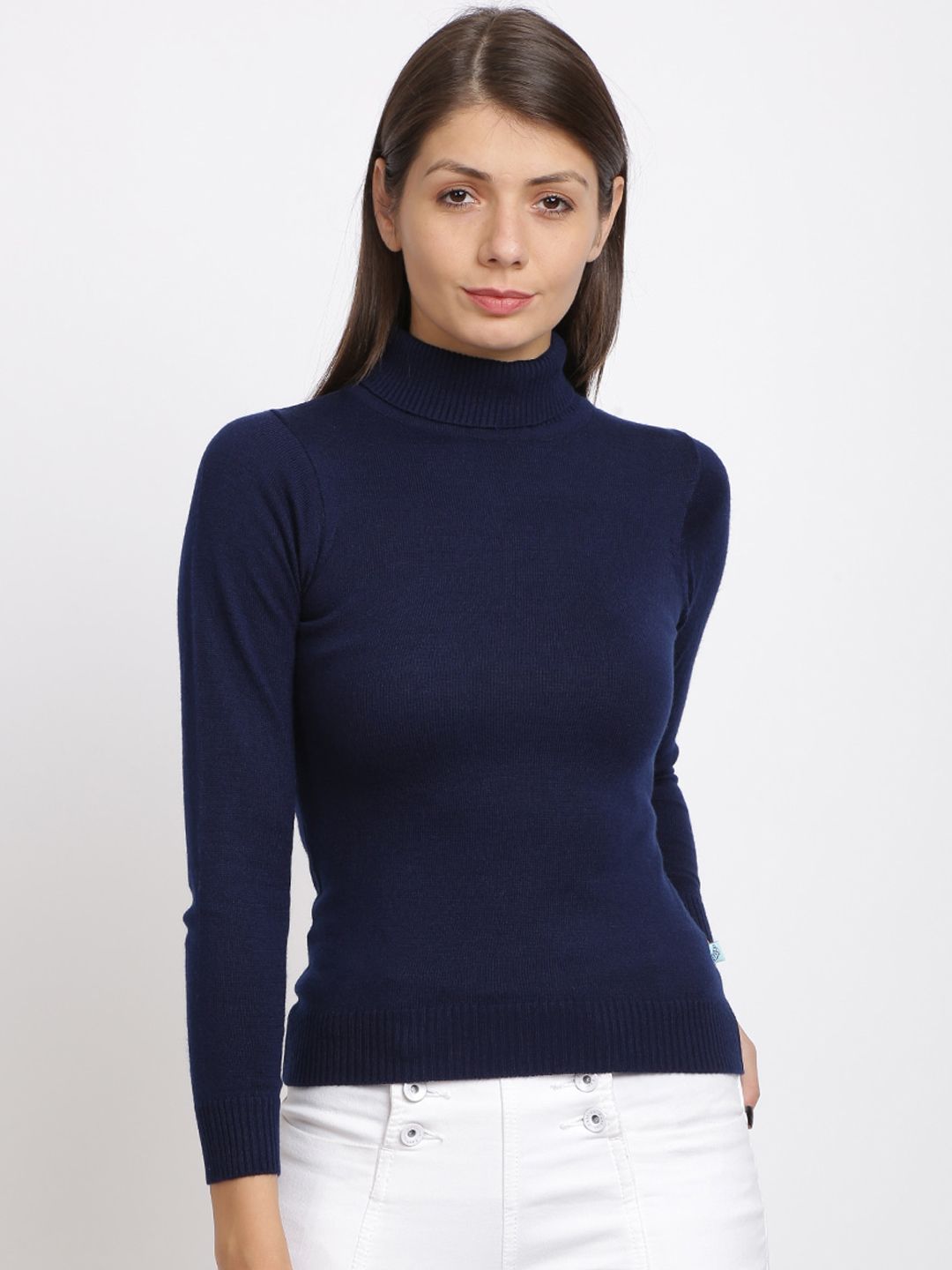 BEVERLY BLUES Women Navy Blue Solid Slim-Fit Pullover Sweater Price in India