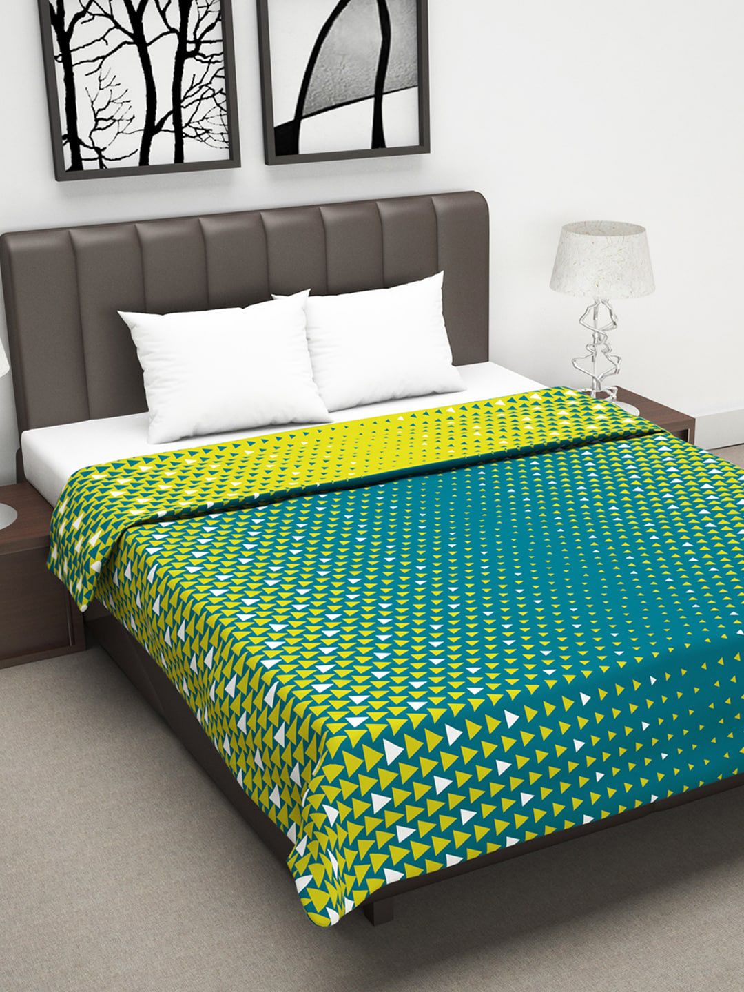 Divine Casa Yellow & Blue Geometric Printed 110 GSM Double Bed Dohar Price in India